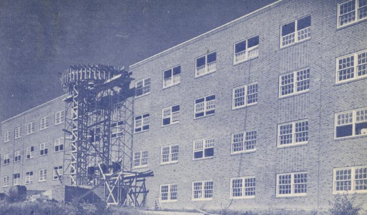 Historical black and white photo of the back of Feagin Hall at East Texas Baptist University.