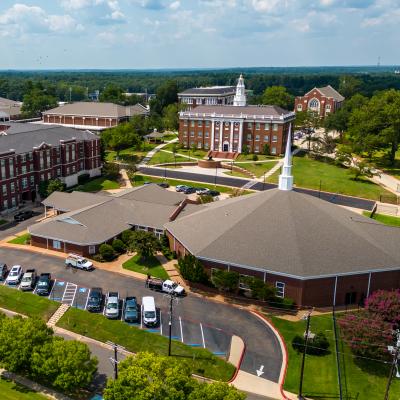 A drone shot of East Texas Baptist University on a sunny, blue-sky day.