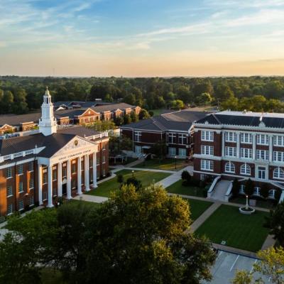 An aerial shot of Marshall Hall and the Great Commission Center at East Texas Baptist University on a sunny day.